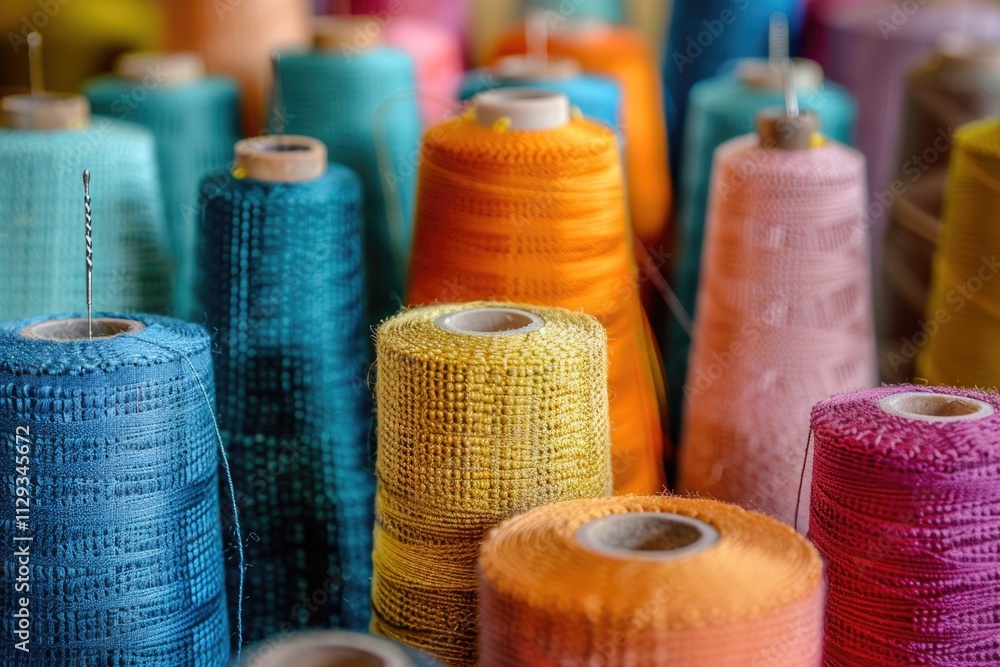 Poster a collection of threads in various colors stacked on a wooden shelf, ideal for use in craft or sewin
