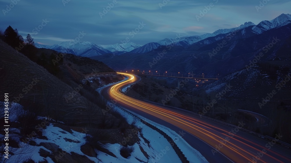 Poster the distant mountain ranges are visible through the light trails winding through the curves of the m