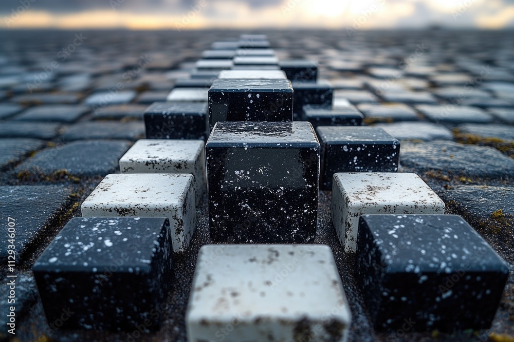 Poster a collection of black and white blocks situated on a stone floor, providing a simple yet striking vi