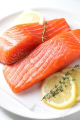 Pieces of fresh salmon with thyme and lemon on white table, above view