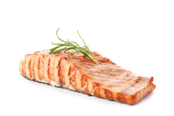Delicious grilled salmon fillet with rosemary isolated on white