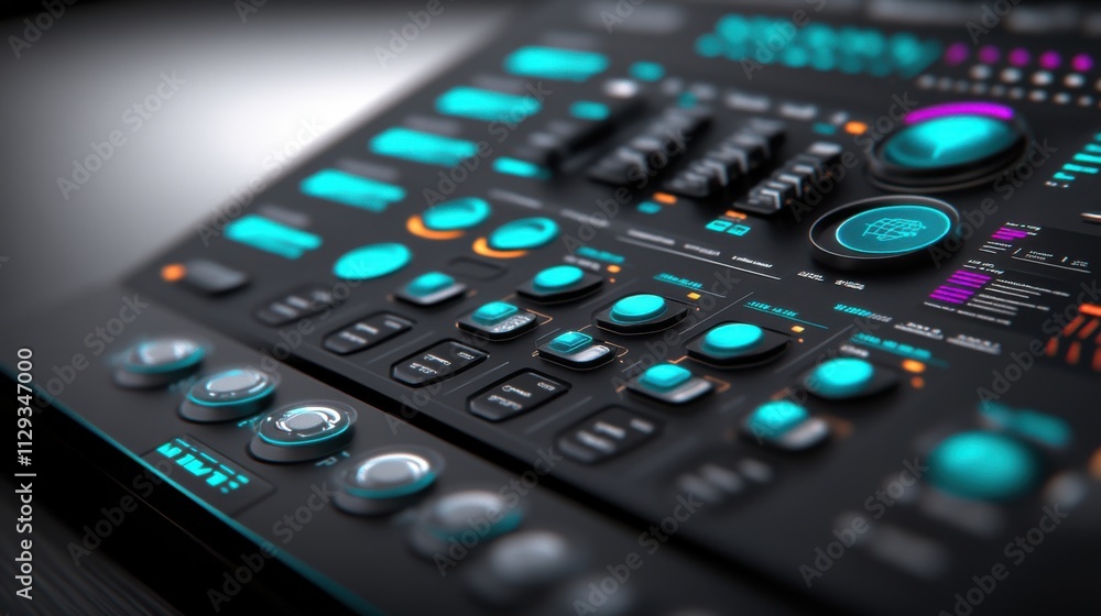 Poster futuristic control panel with glowing buttons and digital interface, ai