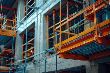 A building under construction with scaffolding on the side, ideal for use in architecture and construction related projects