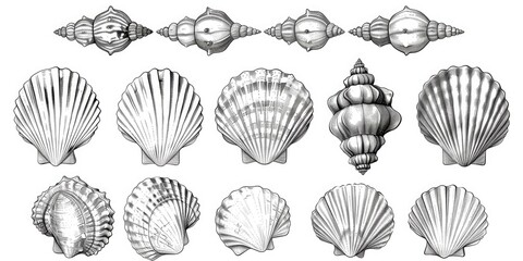 A collection of various seashells on a sandy beach