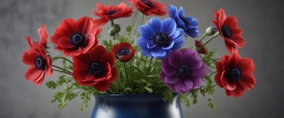 Anemone flowers with their delicate, steely blue and crimson hues clustered together in a vase arrangement, foliage, velvety crimson, garden flowers