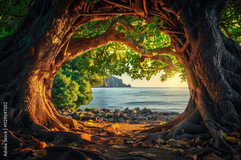 Poster a tree standing by the shore of a lake or river, with its roots submerged in the water