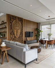 Minimalist home interior design of modern living room with a dramatic wooden wall sculpture, gray sofa and brown dining set, combined with warm natural textures