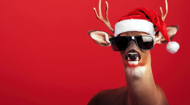 Un chevreuil portant un bonnet de P&egrave;re No&euml;l et des lunettes de soleil, isol&eacute; sur un fond rouge, concept pour repas de No&euml;l et du nouvel an, image avec espace pour texte.
