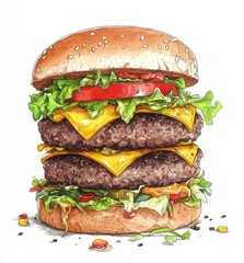 Deliciously Illustrated Double Cheeseburger with Fresh Vegetables and Colorful Toppings on a White Background