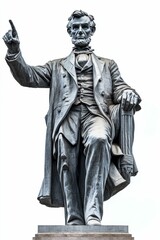 Large statue, man, formal attire, pointing, seated.