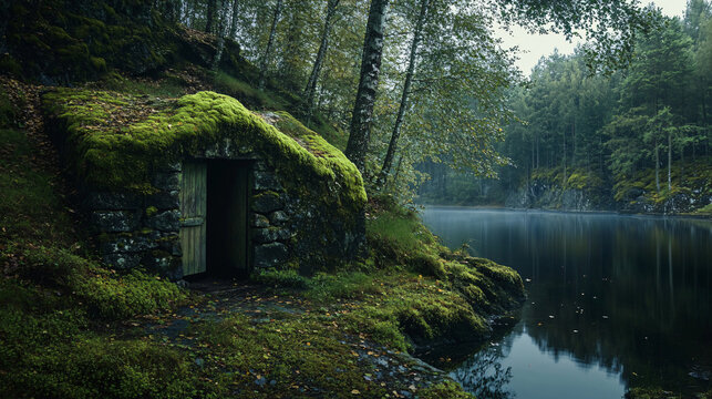 A moss-covered hut near a silent lake, its door creaked open and shadows lingering just beyond.
