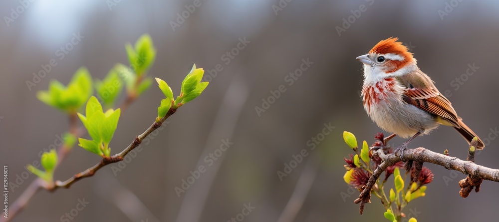 Poster a beautiful little bird sits on a tree branch in spring on a blurred background, copy space