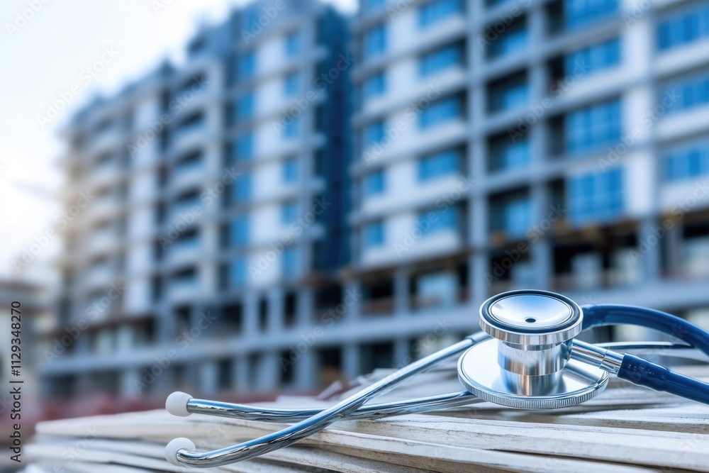 Poster a stethoscope sits atop a pile of wooden planks, ready for use in a rustic setting