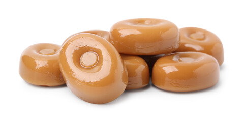 Tasty hard toffee candies isolated on white