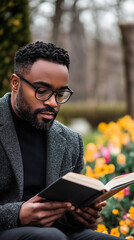 Fototapeta premium African american man reading book outdoors in spring garden surrounded by colorful flowers