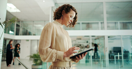 Woman, tablet and hr manager in office for planning, reading resume applications and feedback....