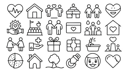 Charity and Volunteering related icon editable stroke outline  set of different types small icons isolated on white background flat vector illustration