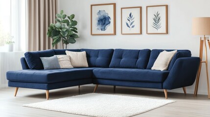 Fototapeta premium Modern navy blue L-shaped sectional sofa in living room.