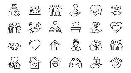 Charity and Volunteering related icon editable stroke outline  set of different types small icons isolated on white background flat vector illustration