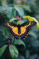 Fototapeta premium A bright yellow and black butterfly perched on the edge of a green leaf, perfect for use in nature or insect-related projects