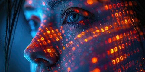 A close up shot of a woman's face with glowing dots, possibly representing bioluminescence or other supernatural phenomenon