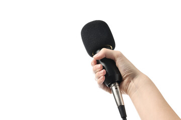 Woman with microphone on white background, closeup