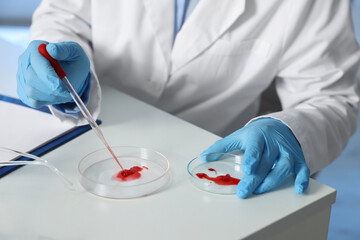 Laboratory testing. Doctor dripping blood sample into Petri dish indoors, closeup