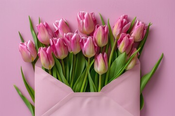 Fresh pink tulip arrangement in a white envelope, perfect for birthday or love letter