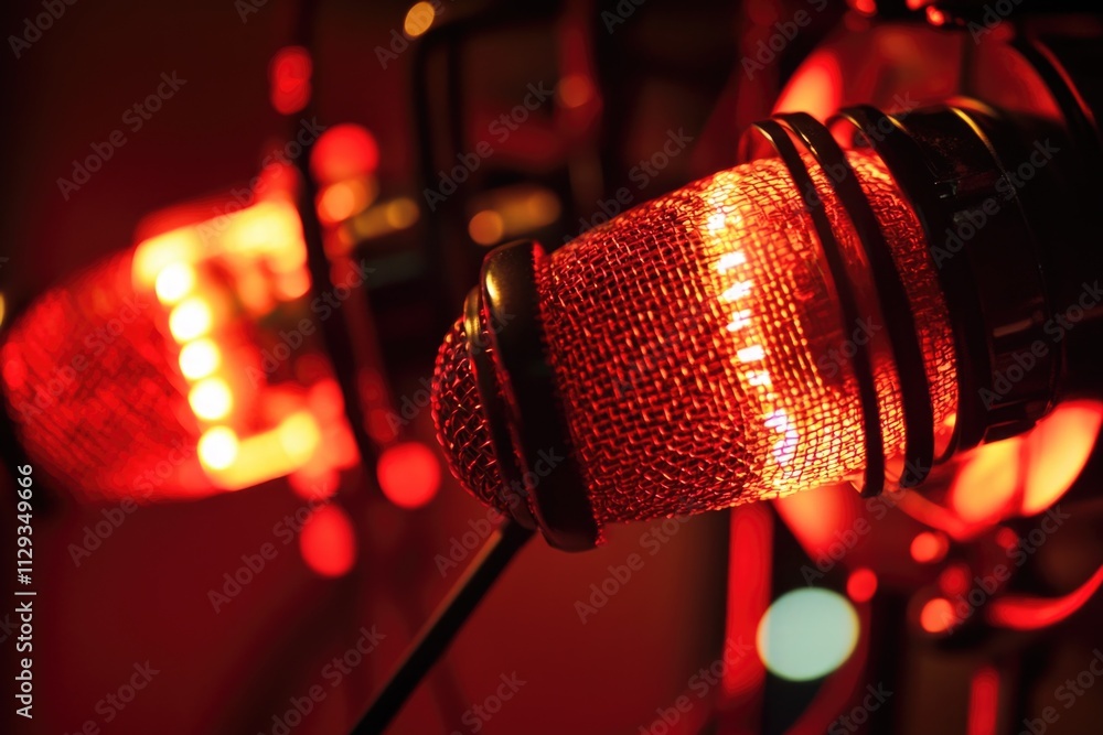 Poster Close-up shot of a microphone with a red light in the background, suitable for music-related projects and presentations