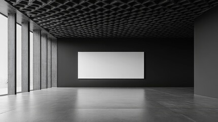 Blank white screen in a modern exhibition space