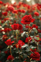 A beautiful field of red roses surrounded by lush green leaves, perfect for romantic and elegant uses