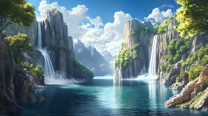 Majestic fjord surrounded by steep cliffs and cascading waterfalls, hyperrealistic photo. Fjord. Illustration