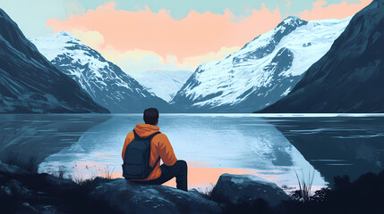 Fototapeta premium Man in the fjord. Fjord. Illustration