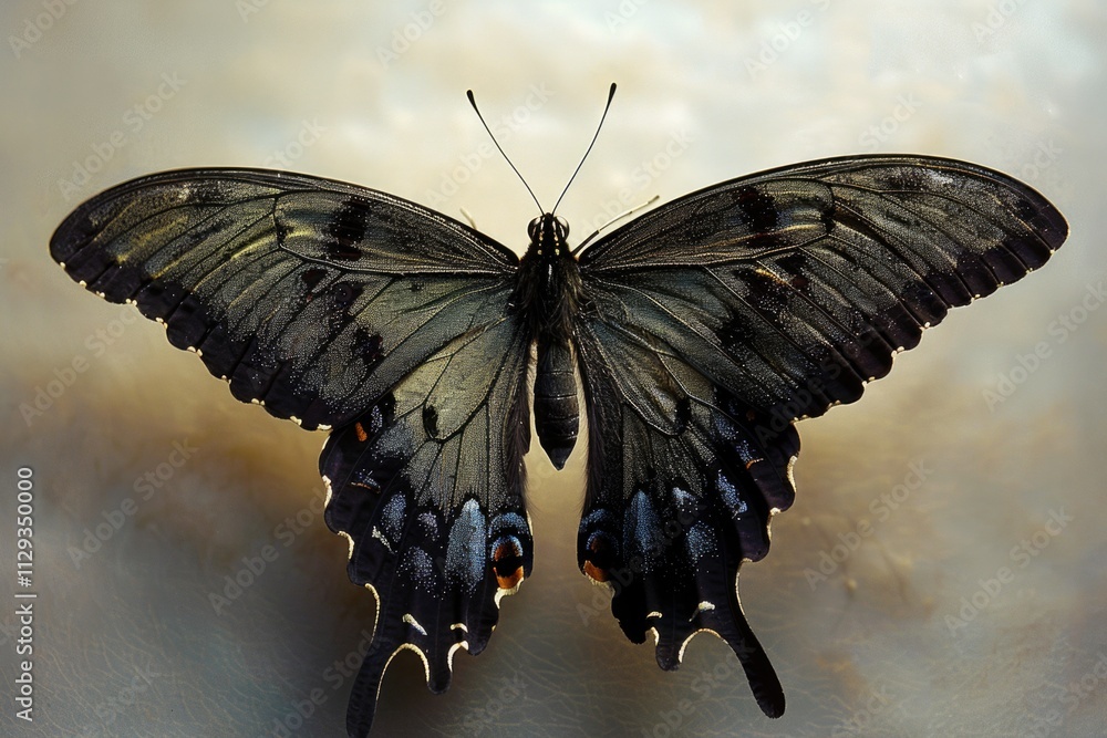 Poster a black butterfly perched on top of a table, providing a unique and intriguing image