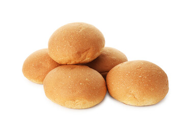 Many fresh tasty buns isolated on white