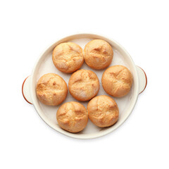 Baking dish with homemade tasty buns isolated on white, top view