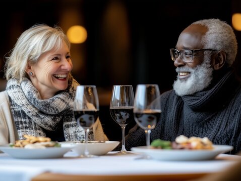 Happy mature couple laughing and enjoying red wine glasses during a romantic dinner date at a fancy restaurant