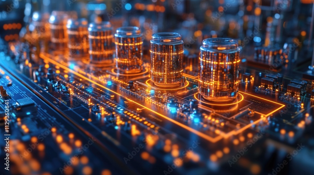 Poster close-up view of electronic components on a circuit board, including lights and wires