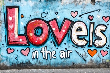 Vibrant graffiti art proclaims love is in the air, adorned with hearts, expressing passion and...