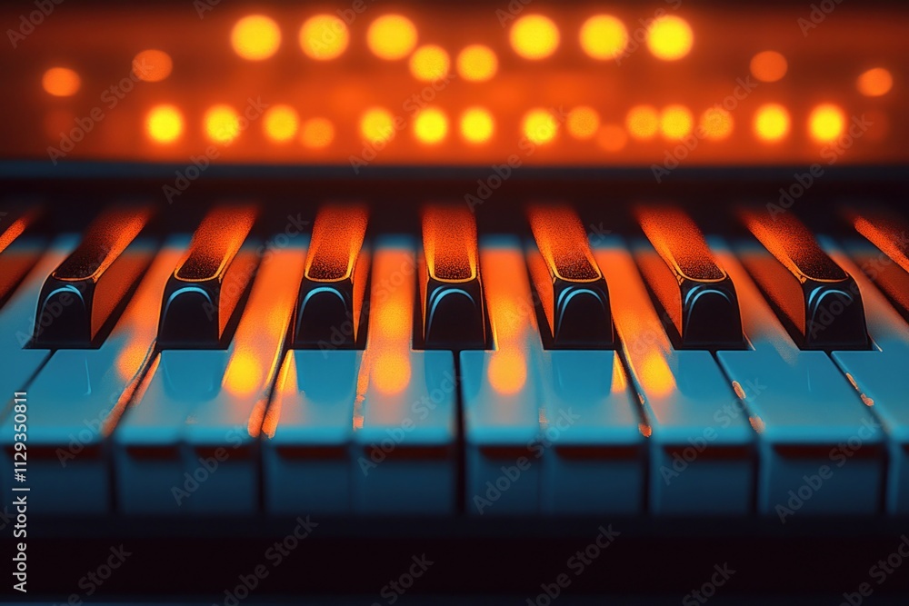 Poster close-up view of piano keys with subtle highlights and shadows