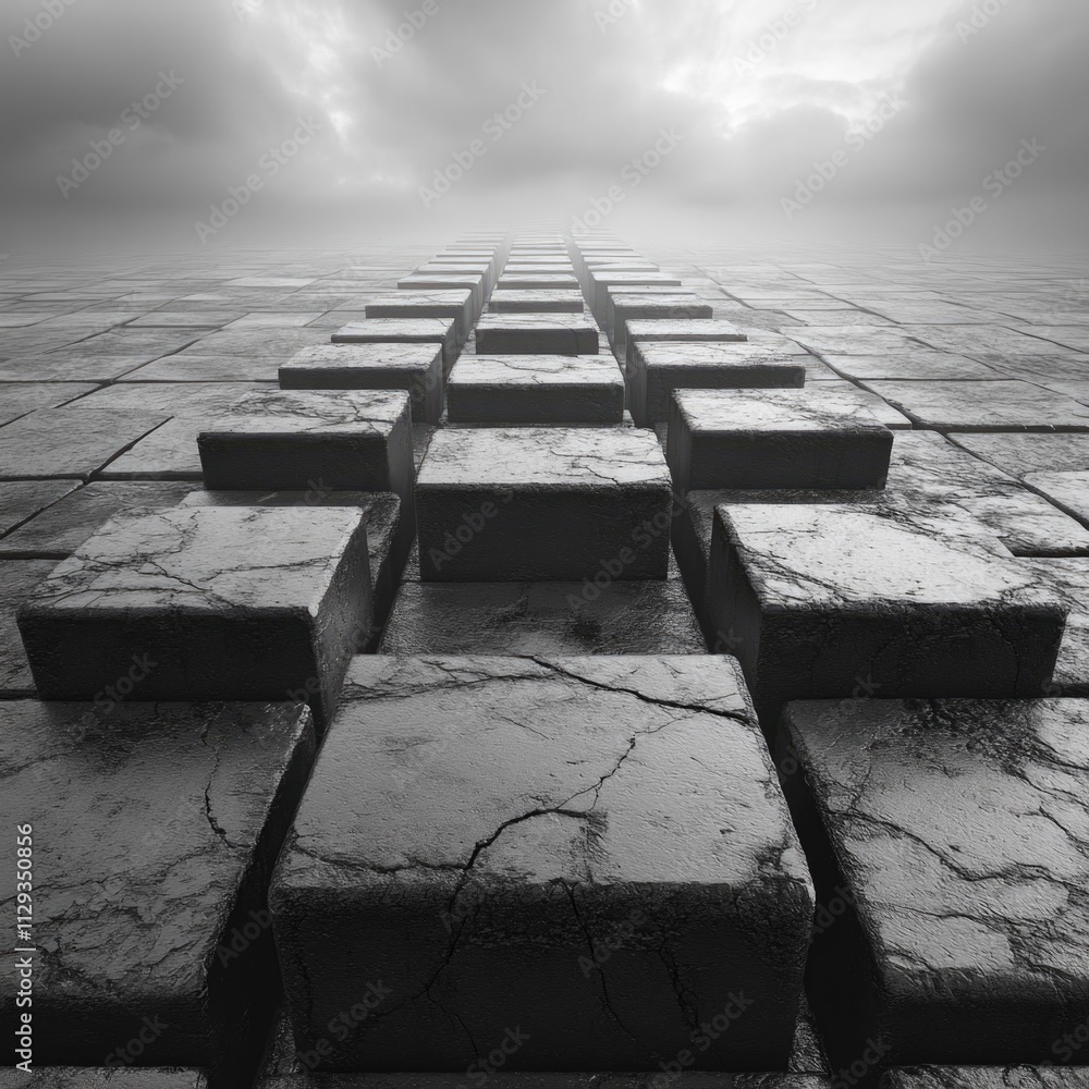 Poster a minimalist representation of a cross created using building blocks in black and white