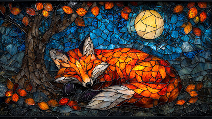 Playful Stained Glass Scene of a Fox Curled Up Under a Tree with Glowing Autumn Leaves