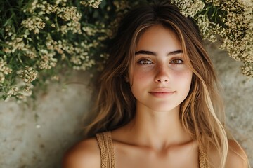 Naklejka premium Peaceful Woman Portrait Natural Light Leaves Daylight