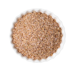 Buckwheat bran in bowl isolated on white, top view