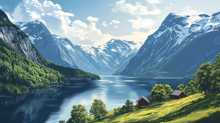 Fototapeta premium Norwegian fjord and mountain landscape, beautiful scenery. Fjord. Illustration