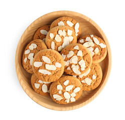Tasty cookies with almond flakes in bowl isolated on white, top view