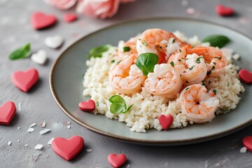 A romantic setting features a beautifully arranged plate of rice, shrimp, and vegetables, perfect for a Valentine's Day dinner.