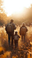 Family hiking in autumn landscape with colorful foliage and warm sunlight