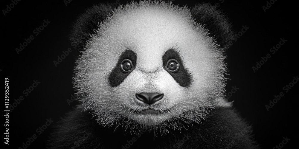 Poster a close-up view of a panda bear in black and white, perfect for use as a symbol or icon