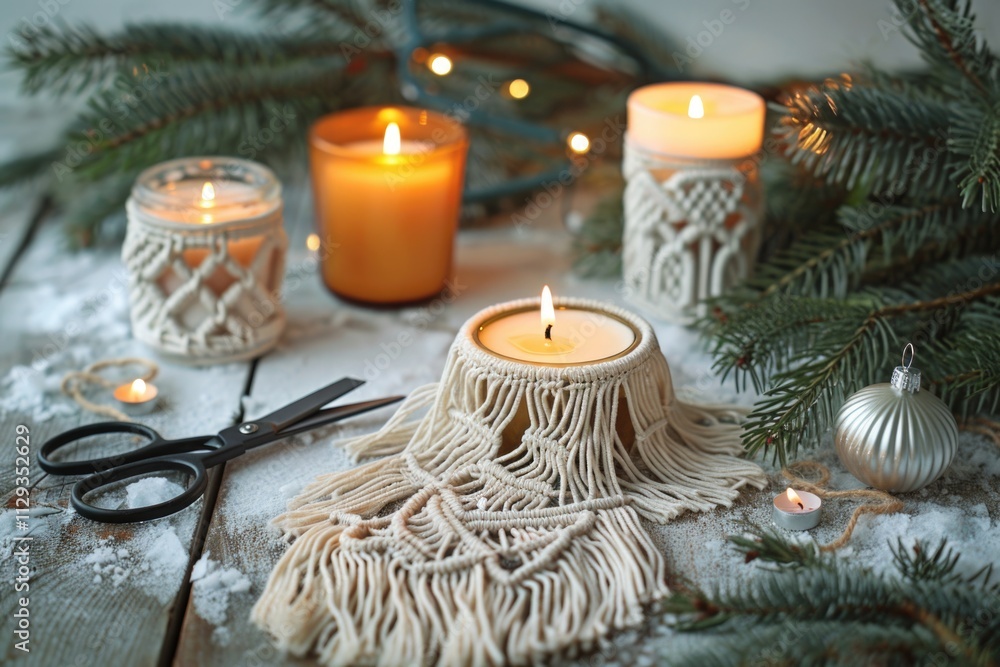Poster a table set with candles and a pair of scissors, useful for various scenes and occasions
